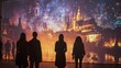 A group of people are standing in front of a large projection screen of a city. Scene is one of awe and wonder, as the people are looking at the impressive display of lights and buildings