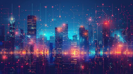 Poster - a cityscape with a lot of lights and dots. the city is lit up and the sky is blue