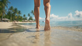Fototapeta Natura - woman legs walking barefoot along a beautiful beach
