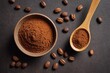 Overhead view of cacao powder in bowl and wooden spoon brown surface cocoa beans