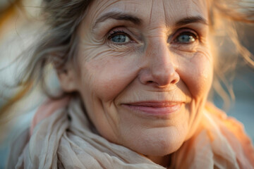 Wall Mural - A woman with a smile on her face and a scarf around her neck