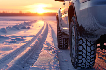 vehicles with winter tires on snowy road at sunset wint 8423b5e1-8a40-4bd3-bab2-7d3528f7a8b1