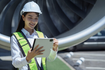 Woman engineer in white hardhat standing and holding tablet working aircraft maintenance mechanics moving through hangar.