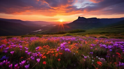 Poster - Field of flowers with a mountain in the distance