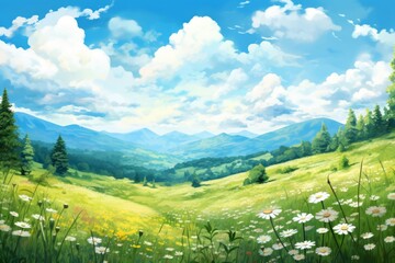 Wall Mural - Green rolling hills with white clouds and flowers