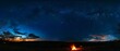 Starry night camp, Earth Day tales by firelight, wide angle, ethereal sky, warm glow