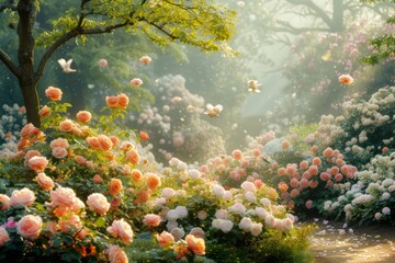 Birds and butterflies in a lush garden of pink and white roses