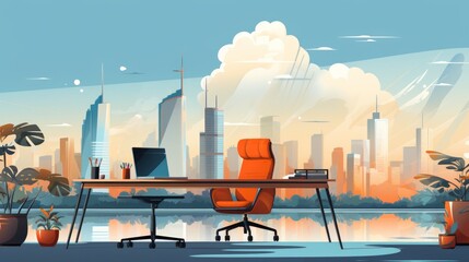 Wall Mural - Modern Office Interior with Desk and Chair near Window with Cityscape View