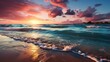 Beautiful sunset over the ocean with pink clouds and gentle waves crashing on the sandy shore