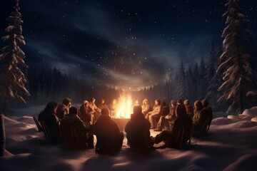 Wall Mural - group singing christmas carols around bonfire