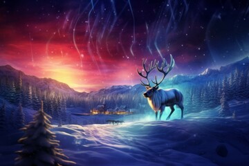 Wall Mural - santa claus and his reindeer flying over a snowy landscape with aurora borealis.