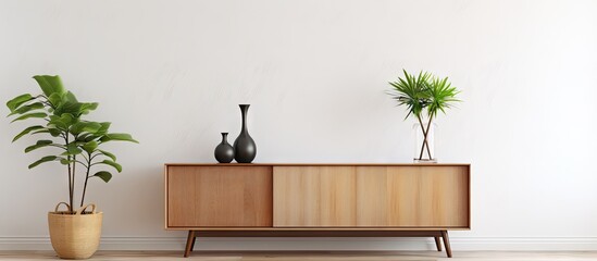 A close up of a wooden cabinet adorned with two vases on top of it in a Scandi styled living room featuring a low buffet and a lush indoor plant