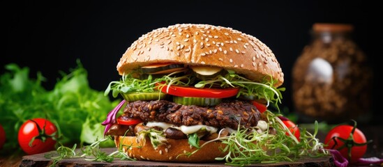 Wall Mural - A detailed view of a delicious hamburger featuring fresh lettuce, ripe tomato slices, and melted cheese on a soft bun