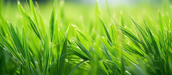 Poster - A vibrant close-up view of a vast field of green grass under the shining sun in the background