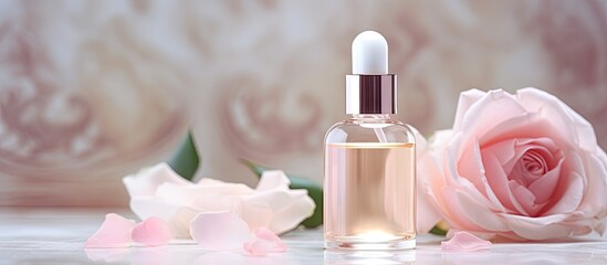 Leinwandbilder - A bottle of perfume is placed next to a red rose on a wooden table, creating a romantic and elegant setting