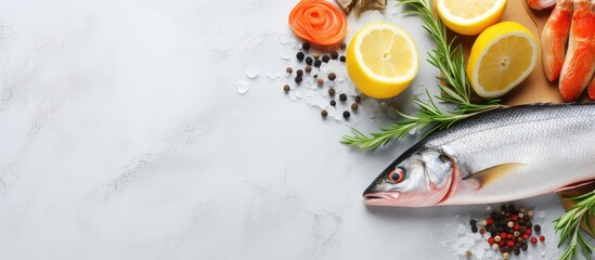 Aufkleber - Fresh fish and various vegetables like lemons and carrots are arranged on a wooden cutting board, accompanied by an assortment of aromatic spices