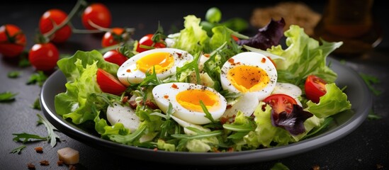 A detailed view of a plate of salad containing hard-boiled eggs and fresh tomatoes, creating a tasty and healthy meal option