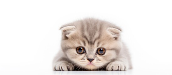 Poster - An adorable little kitten with folded ears is comfortably seated on the ground in a room
