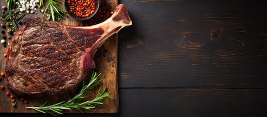 Aufkleber - A close-up view of a delicious Wagyu T Bone steak seasoned with spices on a wooden cutting board, perfect for an American cuisine menu