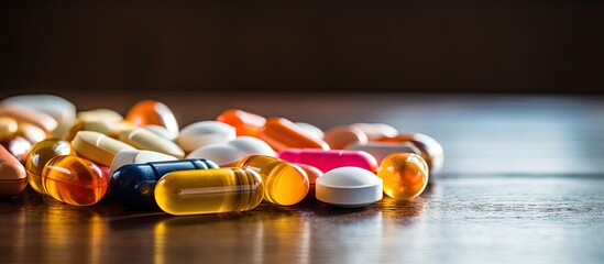 Poster - Assorted medications and nutrients in the form of pills, capsules, and tablets placed neatly on a flat surface for easy access