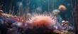 A pink sea anemone stands out among a cluster of similar anemones in the ocean. Sea slugs, without shells or mantles, are known to frequent shallow waters and feed primarily on anemones.