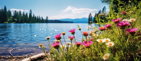 Canvas Print - Wildflowers blooming in the summer by the tranquil lake with majestic mountains in the background