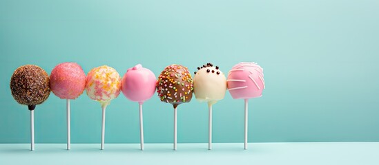 Poster - A close-up view of a diverse selection of delicious cake pops with a range of different toppings, ideal for sweet treats and dessert tables
