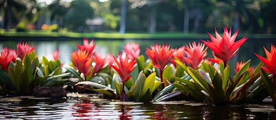 Poster - Vibrantly colored flowers are blossoming in a serene pond located near a picturesque park