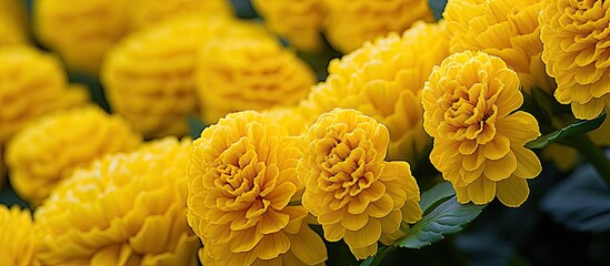 Poster - Vibrant yellow flowers of the celosia plant, resembling rooster scallop blooms, are showcased in a dense grouping along with lush green leaves