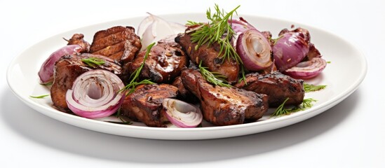Aufkleber - A serving of cooked meat and onions presented on a clean white plate is ready to be served for a delicious meal