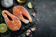 wo Raw Salmon Steaks Shot From Above On Dark Stone 