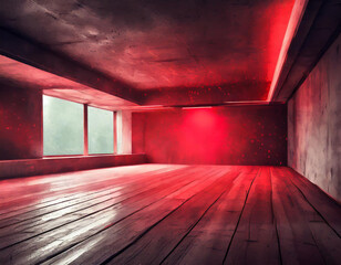 Poster - A room with wooden, concrete, and glass elements appears empty except for a vivid red light emanating from the ceiling, casting a striking glow on the space.