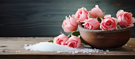 Fototapete - Roses placed in a bowl alongside sea salt crystals on a rustic wooden table, creating a serene and natural display