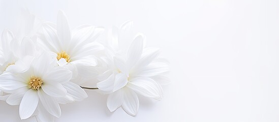 Fototapete - Three delicate white flowers placed on a clean white surface, creating a simple and elegant composition