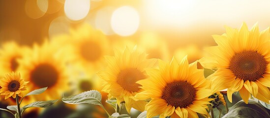 Poster - Numerous vibrant sunflowers bathed in sunlight bloom beautifully in a vast field under clear skies