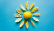 Sun made of lemon and yellow flower petals on bright blue background. Fruit summer minimal concept.