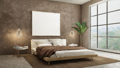 Poster - The modern bedroom idea design aand empty canvas frame on brown concrete wall background