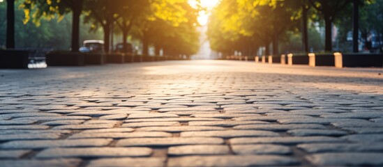 Aufkleber - A cobblestone road with trees in the background on a sunlit empty street near the park, viewed from pavement level in yellow-blue toning
