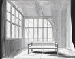 This drawing depicts an abstract architectural white interior of a minimalist house with large windows. A bench is prominently featured in the room, adding to its simplistic yet elegant design