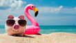 Travel savings concept design of piggy bank with sunglasses and inflatable flamingo on the sand beach Tropical summer 3D render