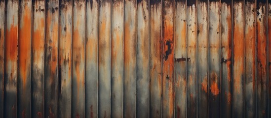 Poster - Old and worn-out metal wall covered in rust with peeling paint next to a red fire hydrant, enhancing an industrial and aged atmosphere