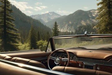 Close-up of a classic car's convertible top with a scenic mountain road in the background