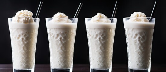 Aufkleber - Three glasses filled with creamy milk, topped with whipped froth and a convenient straw for sipping