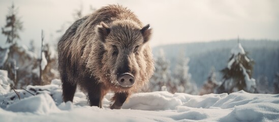 Poster - A wild boar is standing in the snowy woods during winter, blending into the white landscape of the forest