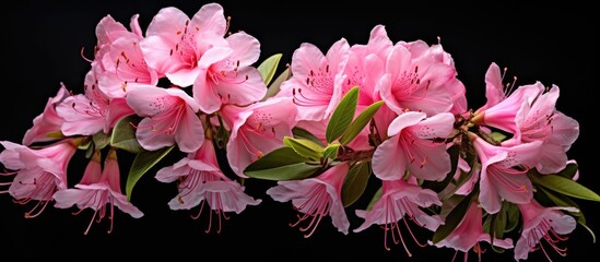 Poster - Beautiful pink Rhododendron chamaethomsonii flowers blooming on a branch with lush green leaves in the background