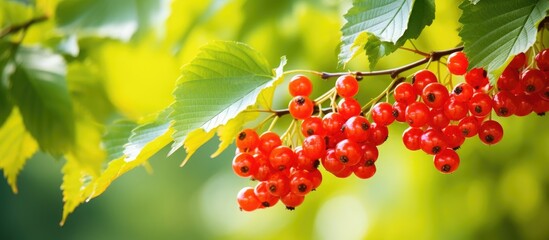 Leinwandbilder - Close-up view of vibrant red berries clustered on a tree branch against a backdrop of lush yellow green leaves