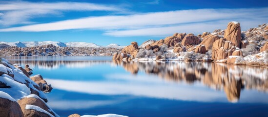 Poster - A scenic view of a lake in winter, with snow-covered rocks, mountains, and the Granite Dells at Watson Lake in Prescott, Arizona under a clear blue sky reflecting in the water