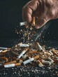 An upclose view of a hand dismantling a mound of cigarettes, visually narrating the journey towards a smokefree life ,clean sharp