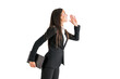 © Who is Danny - A professional woman in a black suit holding a folder and shouting, against a white background, illustrating communication concept