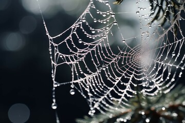 Macro view of a spider spinning its intricate web between branches.